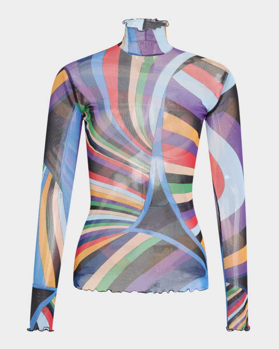 Turtleneck Iride-Print Tulle Long-Sleeve T-Shirt
